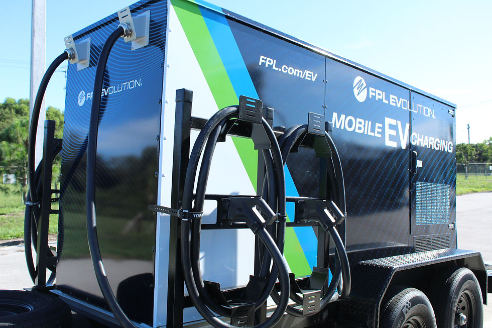 Mobile EV charging unit with coiled cables and FPL Evolution branding. Blue, green, and black design, parked outdoors on a sunny day.