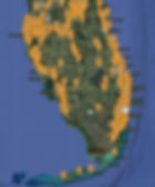 Map of Florida covered with many orange location pins, with city labels like Miami, Tampa, Orlando, and Key West.