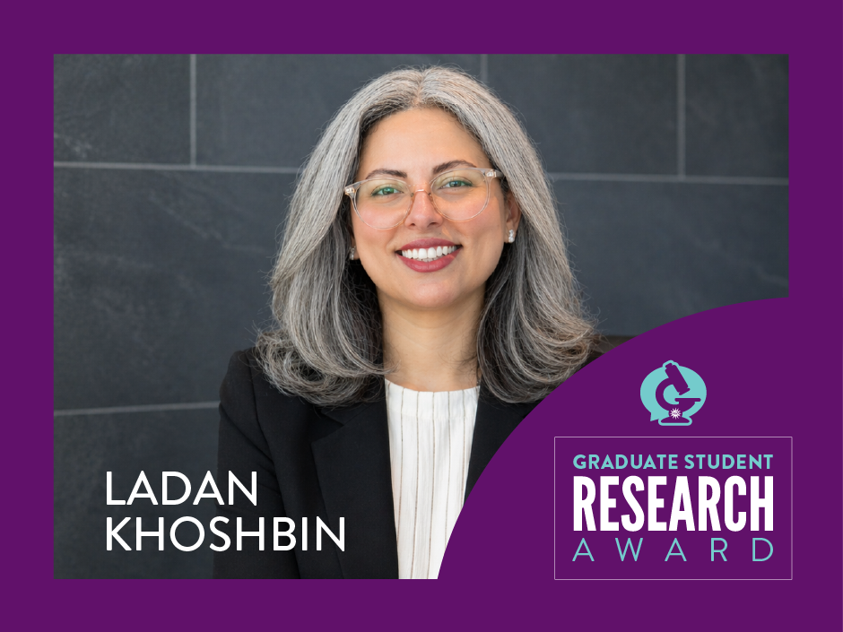 Portrait of Ladan Khoshbin, recipient of the 2026 NSA Graduate Student Research Award, alongside the award logo.