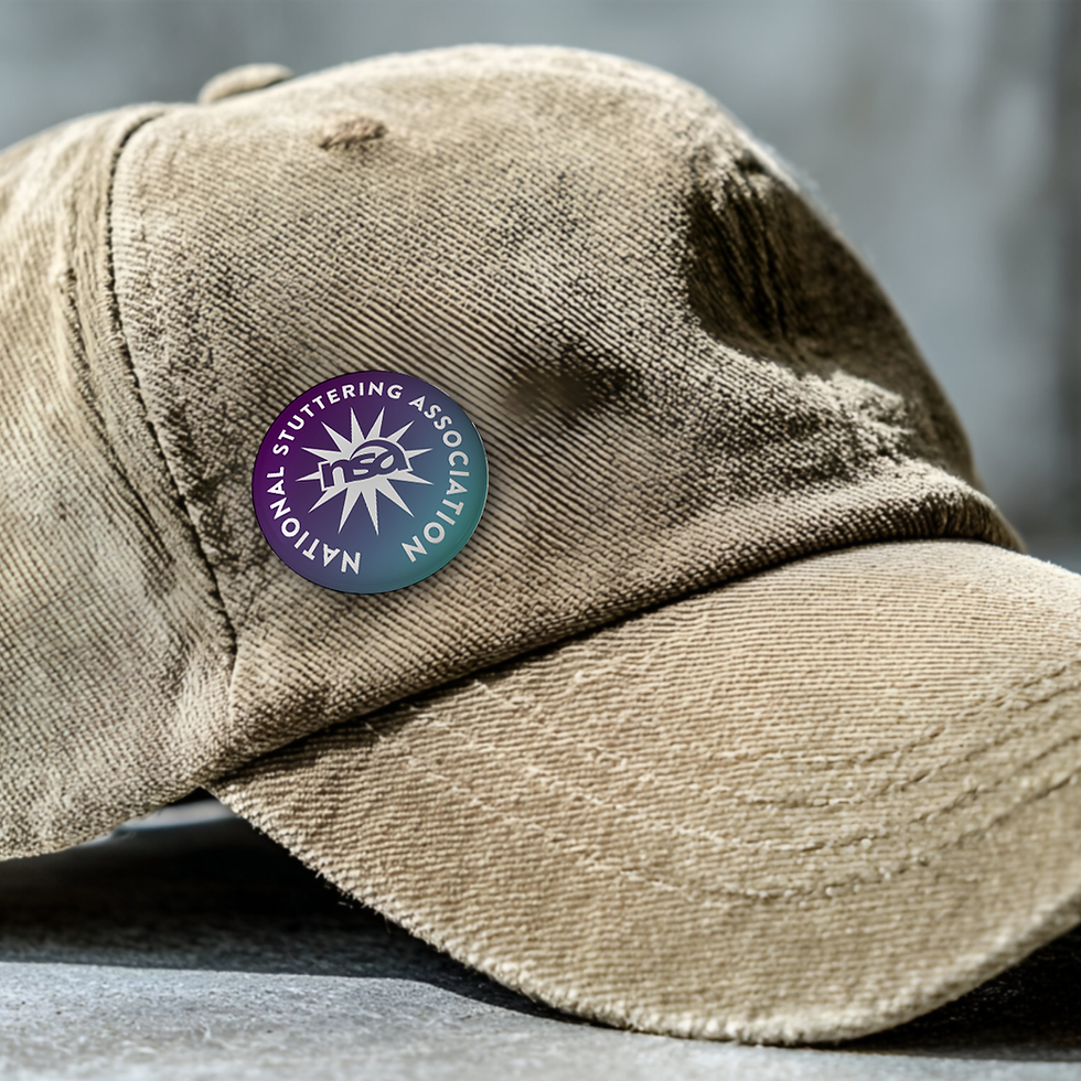 Thumbnail: National Stuttering Association pin worn on a hat