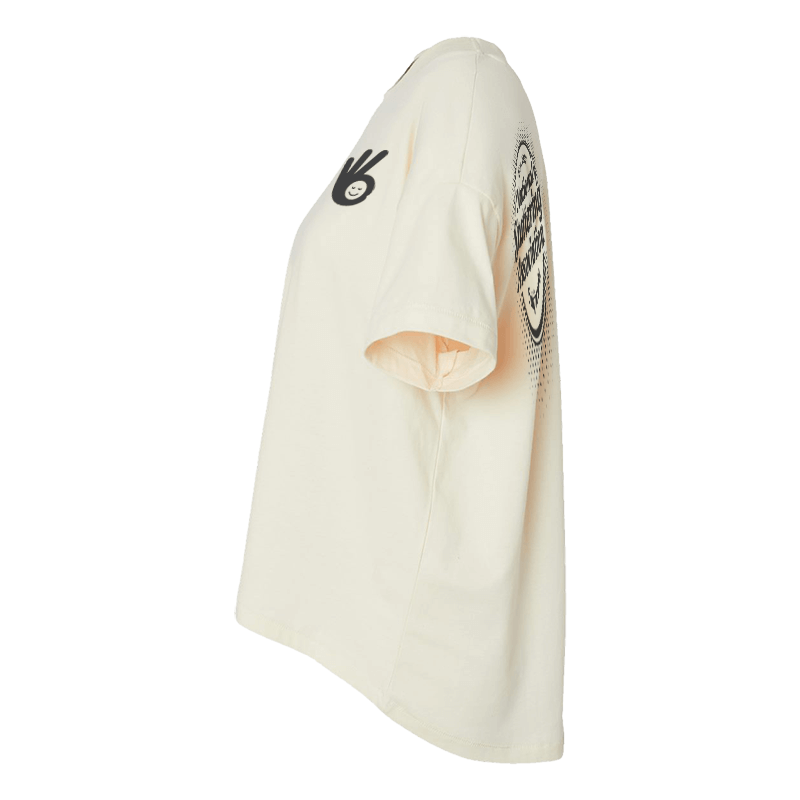 Thumbnail: Side view of cream Hi-Lo Ladies T-Shirt with a retro 'It’s OK to Stutter' logo, showcasing the relaxed fit.