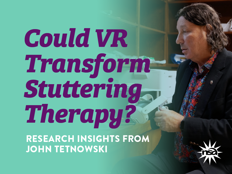 Man talks in office, wearing a colorful shirt. Text asks, "Could VR Transform Stuttering Therapy? Research Insights from John Tetnowski."