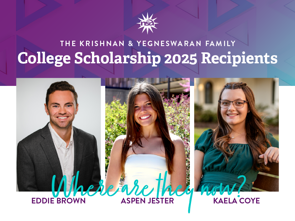 Three smiling students portraited, labeled as 2025 scholarship recipients. Text reads "Where are they now?". Bright, patterned background.
