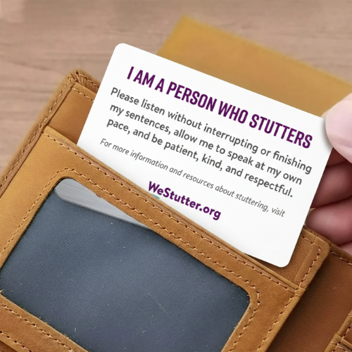 Thumbnail: NSA Stuttering Disclosure ID Card placed inside a wallet to show credit card size and easy everyday carry for self advocacy.
