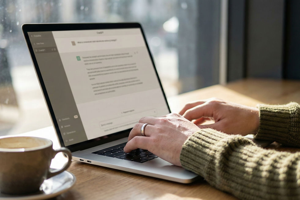 Hands typing on a laptop using an AI writing tool in a calm workspace, showing practical use of AI in marketing