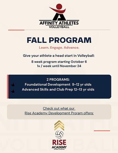 Affinity Athletes Volleyball Fall Program poster for youth foundational development and club prep