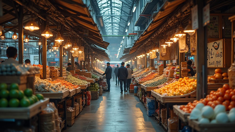 High angle view of a busy wholesale market with various products