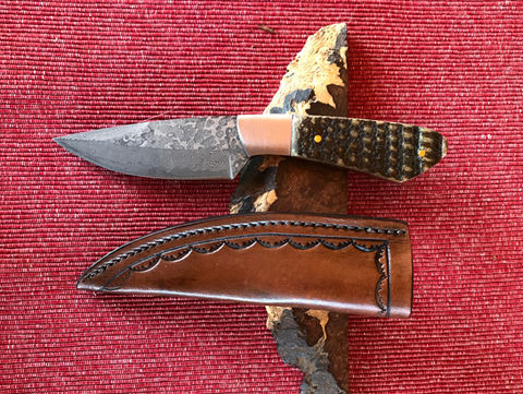 Armadillo Collectible Drop Point knife with Damascus Blade and cowhide sheath