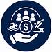 Hand supporting a dollar coin, swimmers, and a family icon