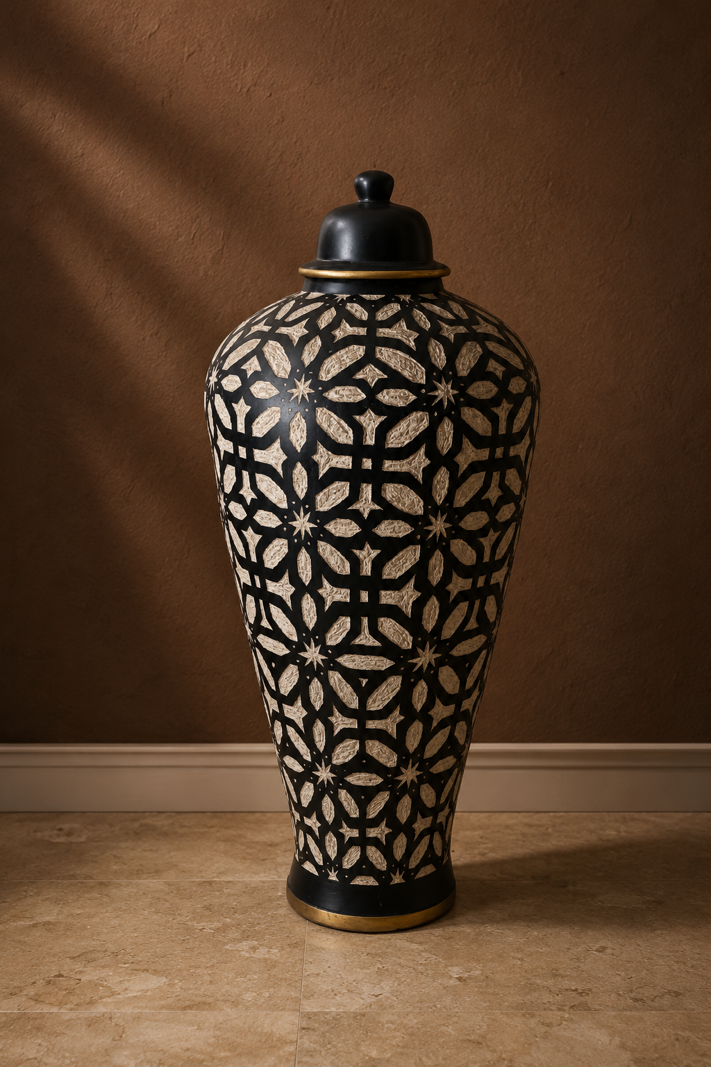 Handcrafted Black & Gold Moroccan-Style Decorative Urn – Geometric Floral Design