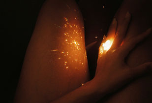 hand and leg with ring on the finger that sparkles rainbow glitters on the leg