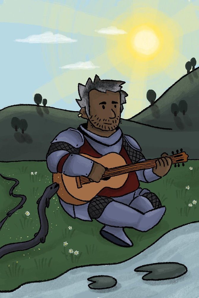 Illustrasjon 10 - s. 47 -Sommerfuglslottet - Ridder Rollo spiller gitar.jpeg