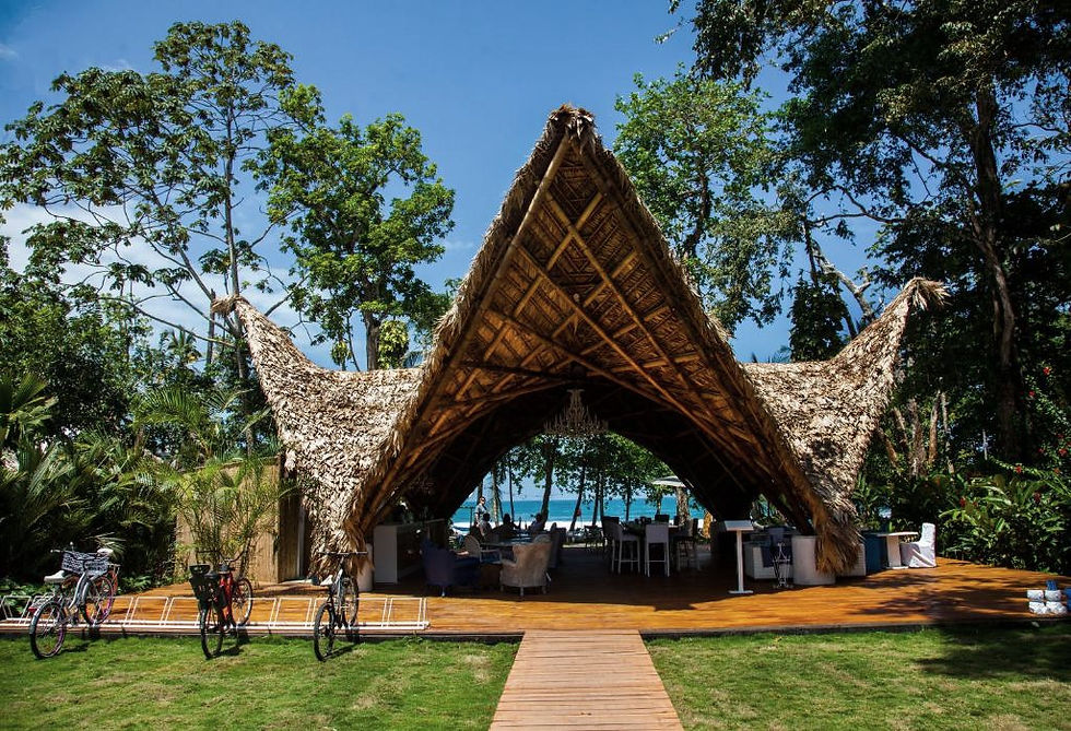 Rustic thatched pavilion with bicycles outside, set in a lush forest near the seaside. The scene is tranquil and inviting.
