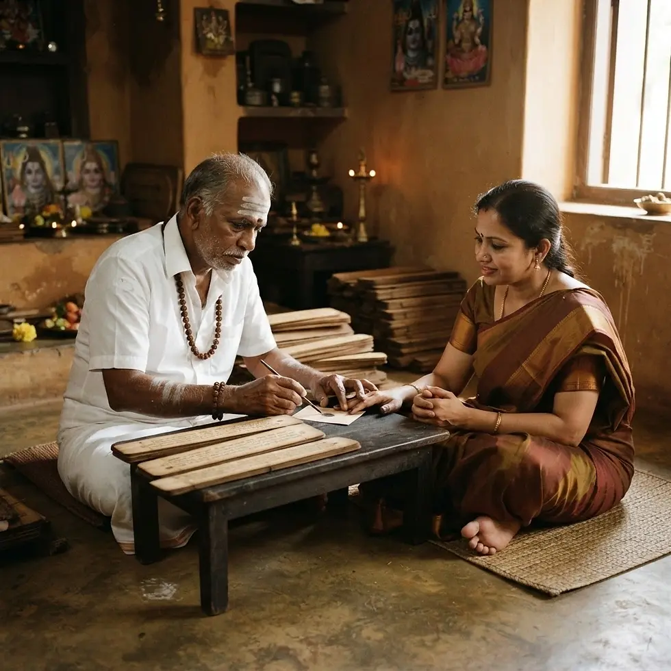 Studio photography of an elder man writing on palm leaves for a woman in a traditional setting. The scene captures a cultural practice with a serene, respectful, and authentic atmosphere.