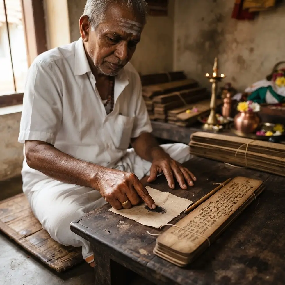Studio photography of an elderly Indian man sitting on the floor and carefully writing on traditional palm leaf manuscripts. The atmosphere is quiet, cultural, and deeply focused.