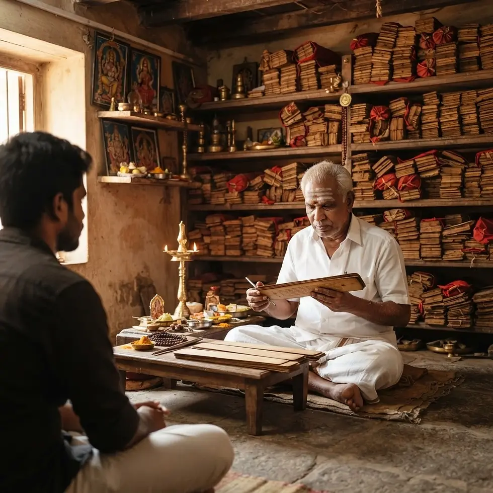 Digital illustration of an elderly scholar reading ancient palm leaf manuscripts to a younger visitor. The setting is a traditional, dimly lit library with shelves stacked full of old records.