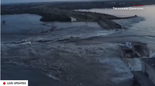 Represa do Rio Dnipro estoura e arrisca alagar áreas ocupadas pela Rússia na Ucrânia.