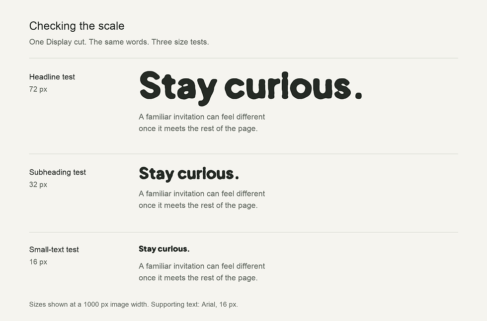 Stay curious. in the same Parnii Biotic Display font at headline, subheading and small-text test sizes, each paired with the same plain Arial body copy.