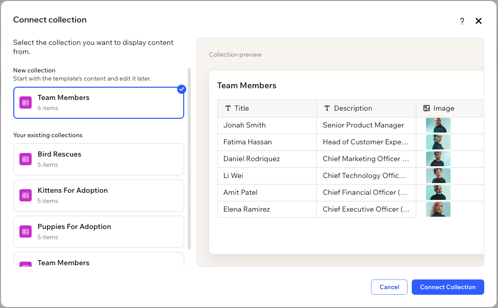 Connect collection dialog in Wix Harmony showing new and existing collections and the Connect Collection button.