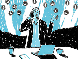 "Illustration of a professional juggling multiple tasks, symbolized by the clocks surrounding him, while on a phone call, highlighting the challenges of time management in a busy work environment."