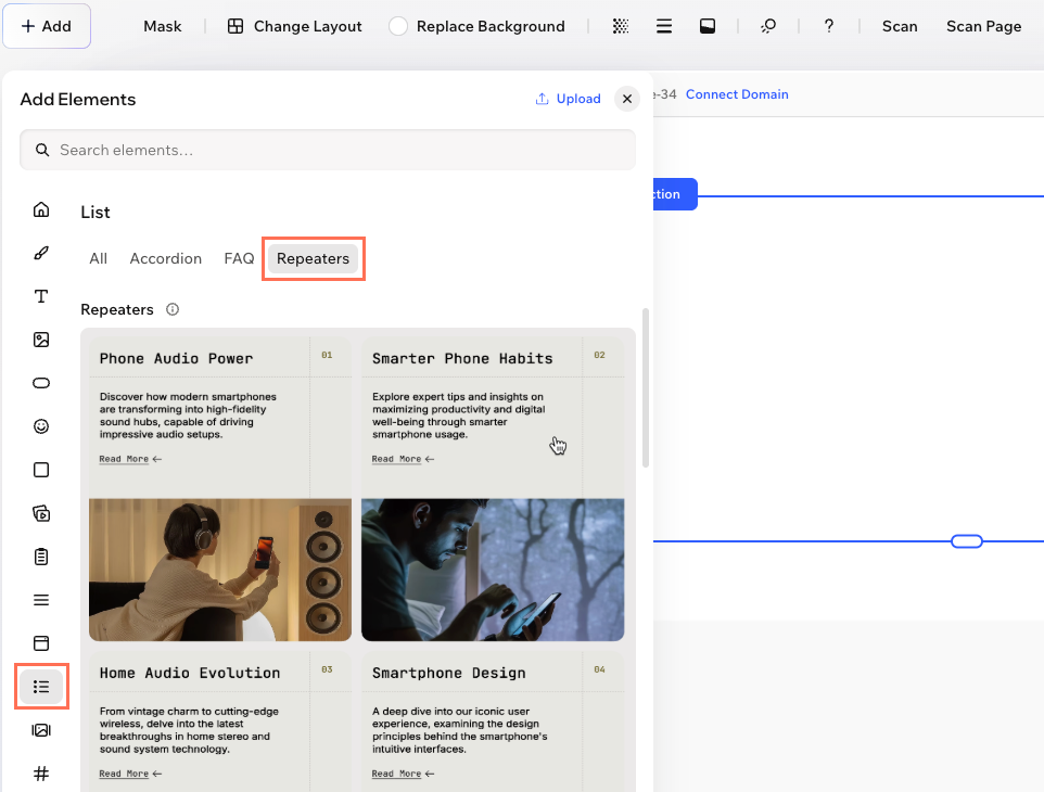 Wix Harmony Add Elements panel with List and the Repeaters tab highlighted.