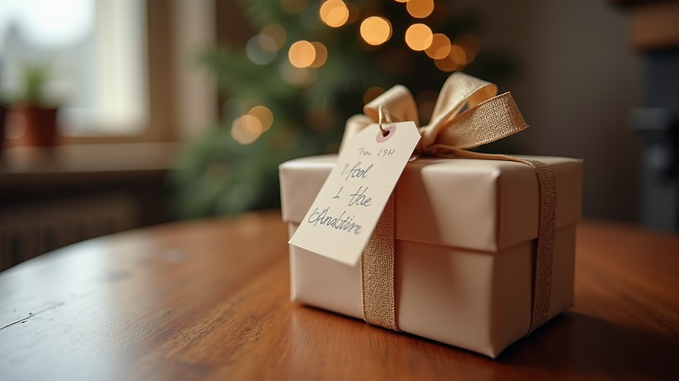 Eye-level view of a gift box wrapped with a personalized tag on a table