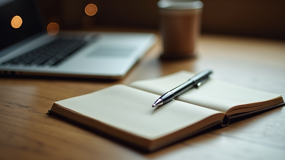 Close-up view of a journal and pen on a wooden table