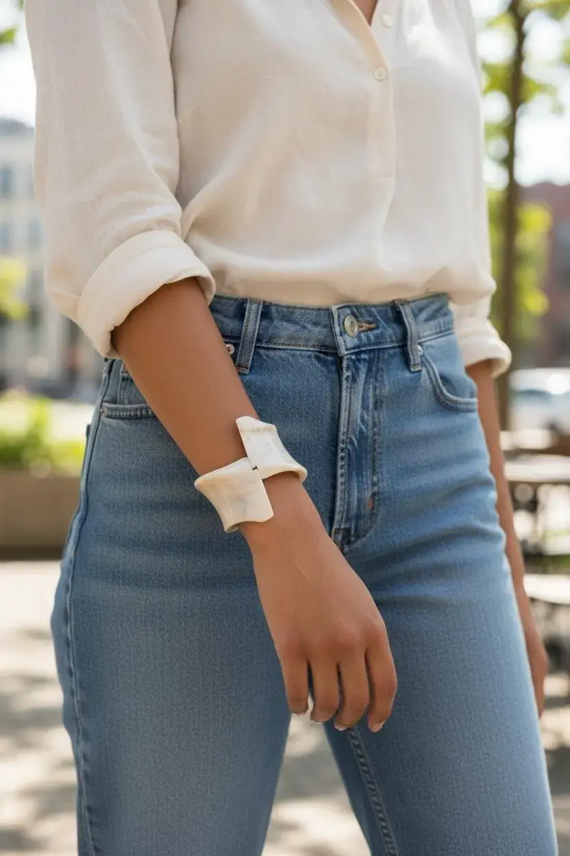 Thumbnail: Cremefarbenes, geometrisches Armreif-Armband. Das Armband wird am Handgelenk getragen und besteht aus einem hellen Material.