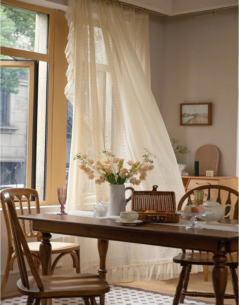 Thumbnail: Delphine Sheer Lace Curtain – Beige