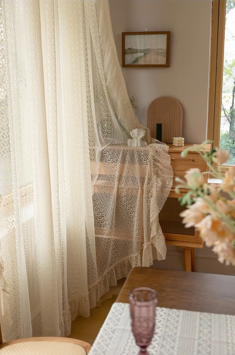 Thumbnail: Delphine Sheer Lace Curtain – Beige