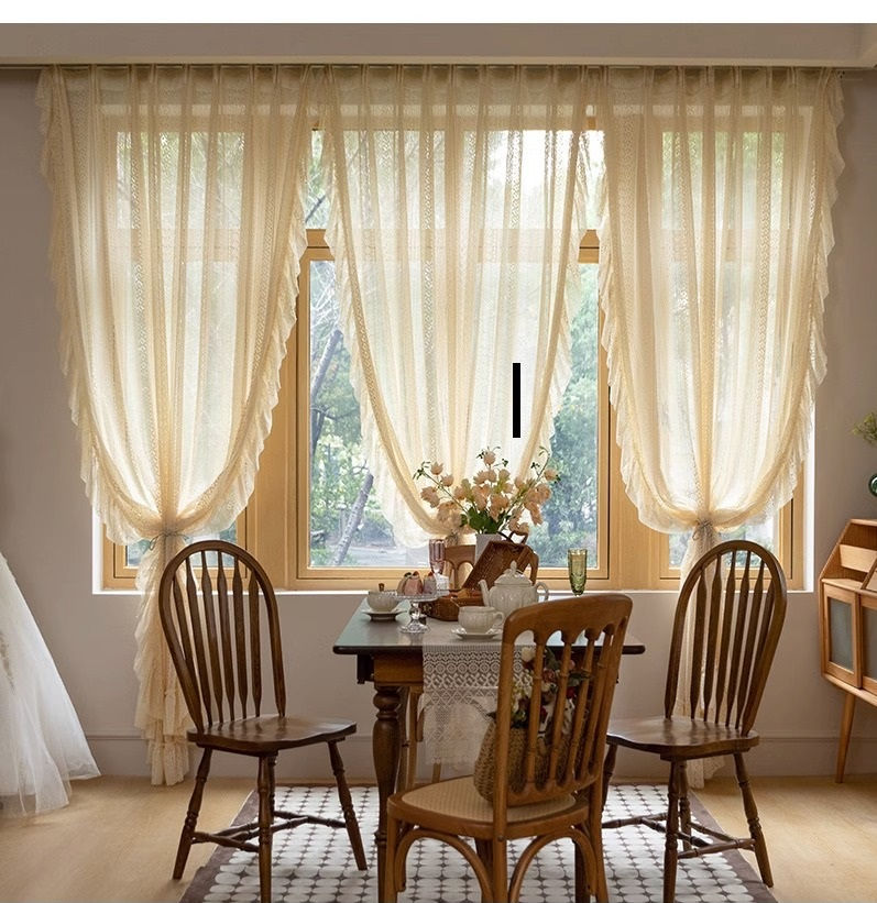 Thumbnail: Delphine Sheer Lace Curtain – Beige