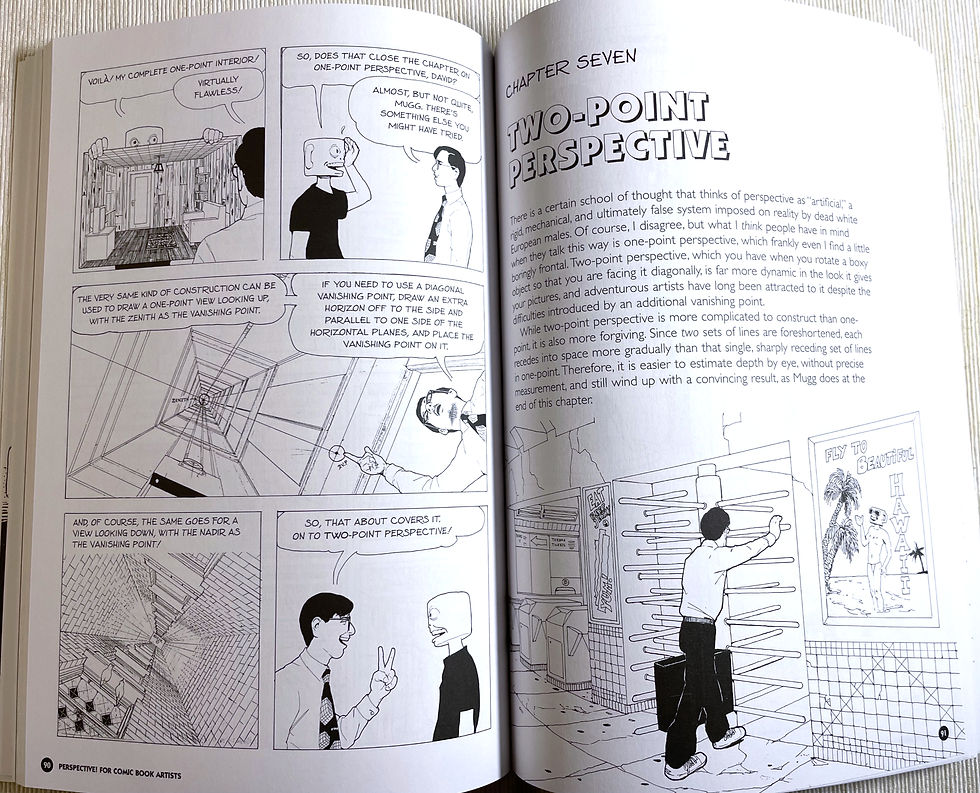 Comic pages about perspective; left shows a one-point perspective lesson, right depicts a man drawing shelves; text highlights techniques.