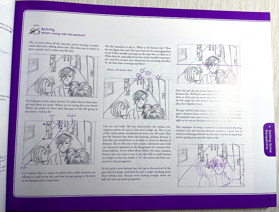 Cartoon sketches showing three people in a hallway discussing perspective lines. Text guides viewers on drawing techniques. Purple accents.