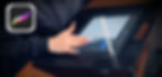 Hand using a drawing app on an iPad Pro with a white apple pencil. The device is on a black stand, next to the Procreate logo.