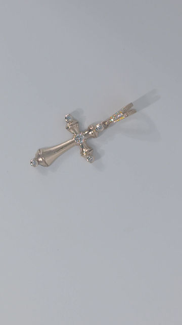 Thumbnail: 14k lab diamond Flared cross with 3.0mm hearts and arrow cut center stone