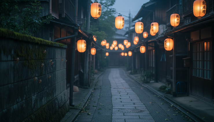 Wide-angle view of a quiet Japanese summer street at dusk with lanterns glowing near old houses.