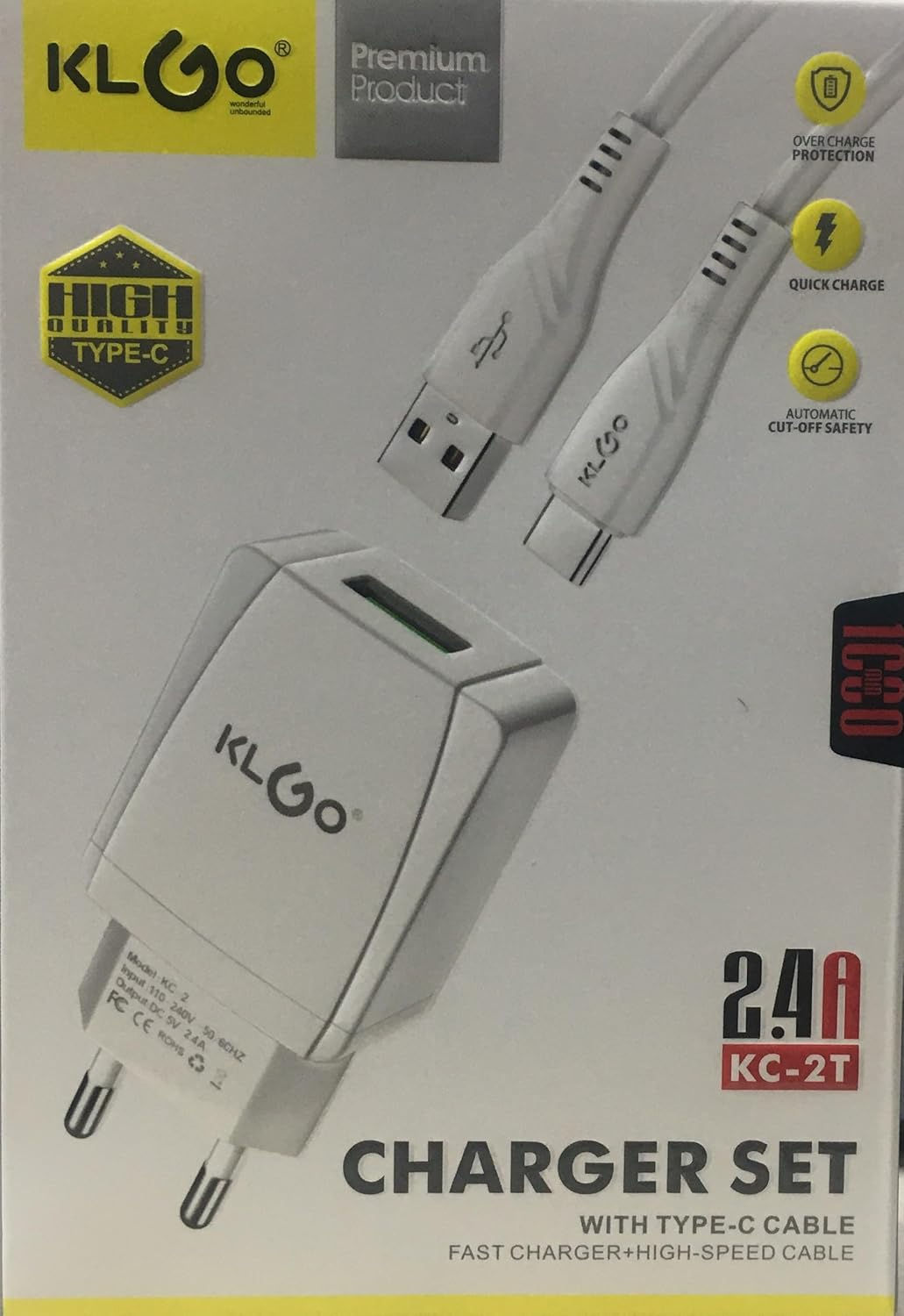 KLGO FAST CHARGER + HIGH-SPEED 2.4 CABLE CHARGER SET - TYPE-C KC-2T