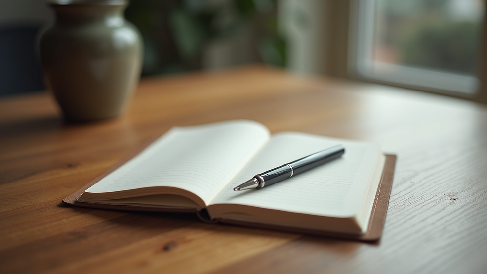 Close-up view of a journal and a pen on a wooden table, symbolizing mindful reflection