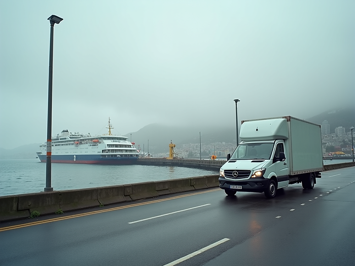 A removal van parked near a ferry terminal, suggesting travel across water..png