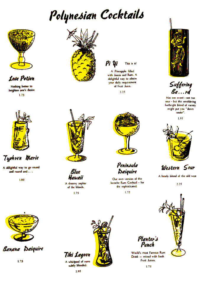 Polynesian Cocktails Menu 1960's 1