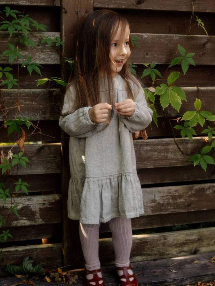 Kids dark grey natural linen dress front view on a girl model