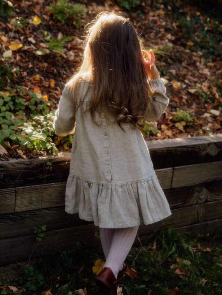 Kids dark grey natural linen dress back view on a girl model