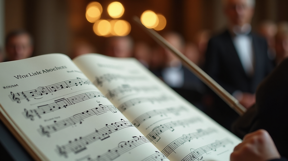 Close-up view of sheet music and a conductor's baton on a music stand