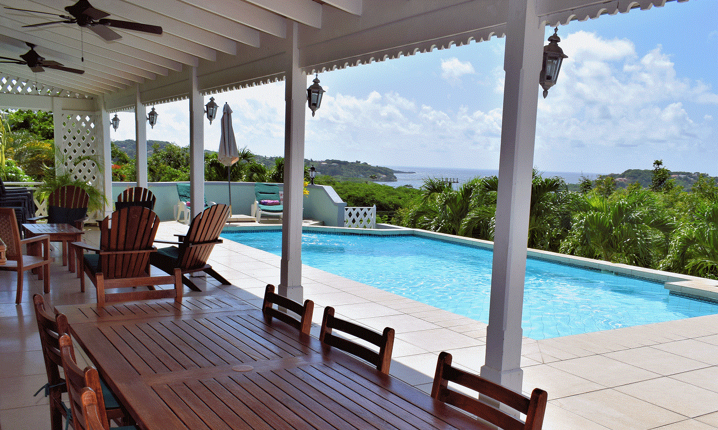 Outdoor dining patio and pool
