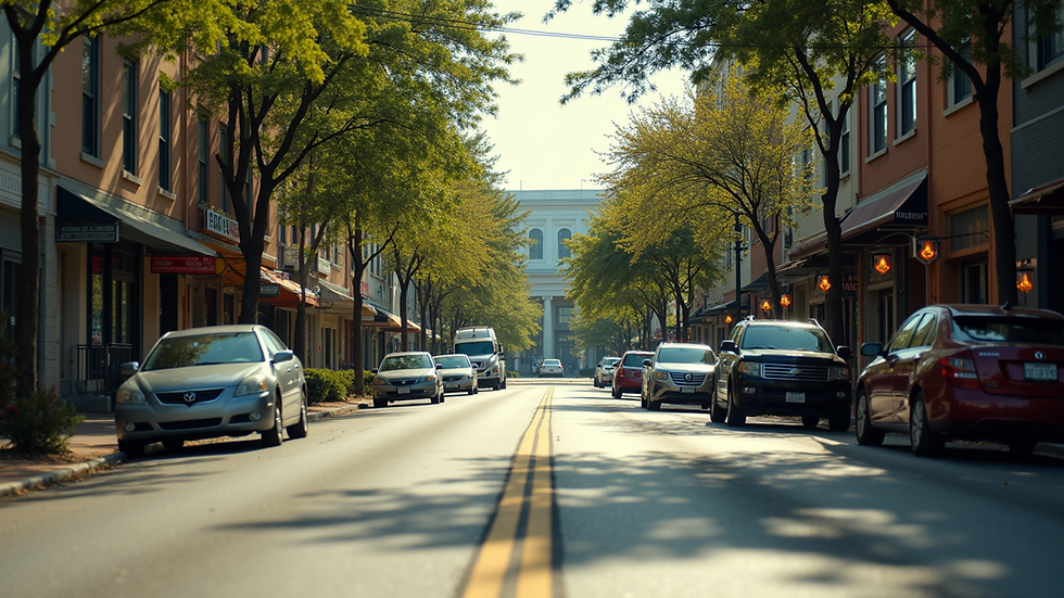 Eye-level view of a vibrant Atlanta street with local shops and greenery