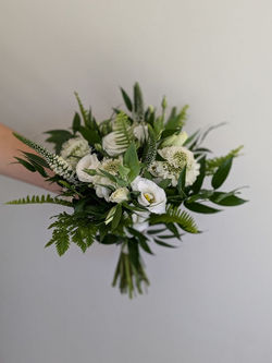 white lisianthus, swoed fern, white veronica, Italian ruscus, white scabiosa__#whiteweddin