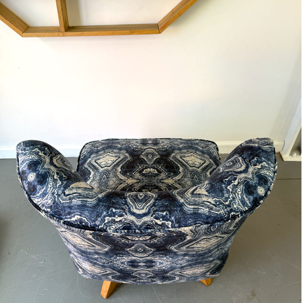 Top/Back View of Midcentury Swivel Upholstered Chair in Blue Fabric for Sale