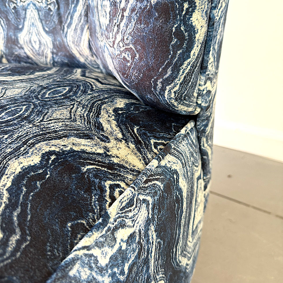 Detail View of Midcentury Swivel Upholstered Chair in Blue Fabric for Sale