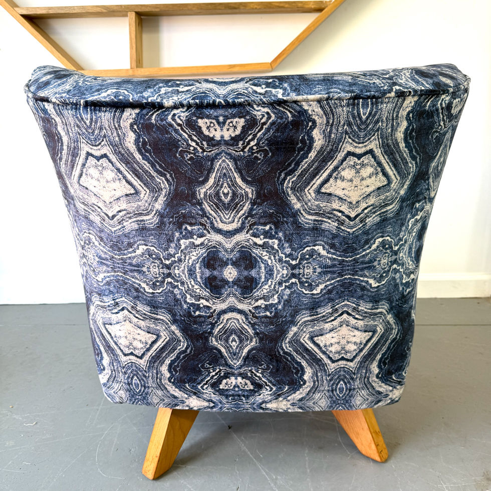 Back View of Midcentury Swivel Upholstered Chair in Blue Fabric for Sale