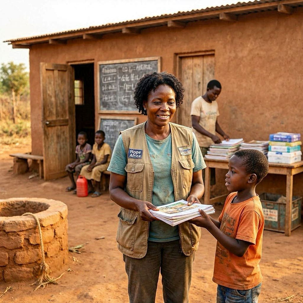 Une bénévole offrant des manuscrits scolaires à un enfant en milieu rural